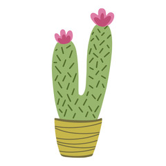 Cute cactus with flower in pot. Hand drawn colorful clipart. Isolated cartoon element. Vector flat illustration.