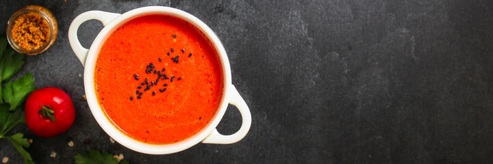 gazpacho, tomato cold soup (first course, vegetable and healthy food) menu concept. food background. copy space. Top view