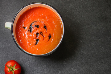 gazpacho, tomato cold soup (first course, vegetable and healthy food) menu concept. food background. copy space. Top view
