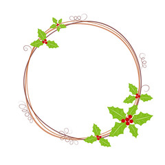 Christmas wreath. Christmas decoration made of fir branches, holly leaves and red berries. Round festive frame.