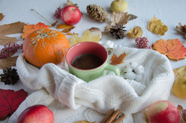 Autumn composition on a white background. Pumpkins, tree leaves, apples, cinnamon, coffee, knitted sweater, gingerbread cookies