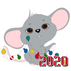 New Year's mouse on a white background with holiday attributes. Symbol of the year 2020.