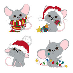 New Year's mouse on a white background with holiday attributes. Symbol of the year 2020.