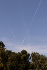Fototapeta na wymiar White traces in the sky from flying airplanes. Airspace Crossing