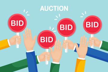 Businessman hold auction paddle in hand. Bidding, auction competition concept. People rise signs with BID inscriptions. Business trade process. Vector flat design