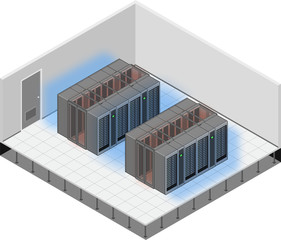 Illustration of a data center showing hot and cold aisles, with the hot aisle contained. Hot aisle containment with in row cooling.