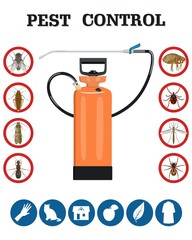 Insecticide bottle. Set of insect pests icons. Vector illustration
