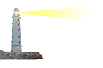 Lighthouse on island with search light beam through air isolated on white background © Pavlo Vakhrushev