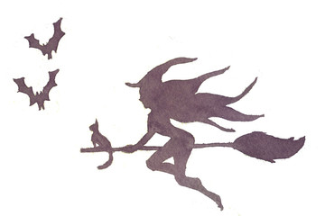 Black silhouette of a witch flying on a broomstick with cat. Watercolor hand drawn illustration