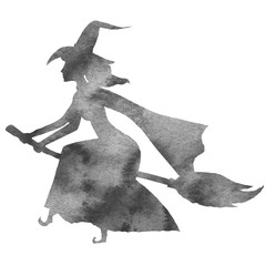 Black silhouette of a witch flying on a broomstick. Watercolor hand drawn illustration