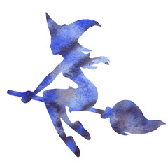 Blue silhouette of a witch flying on a broomstick. Watercolor hand drawn illustration