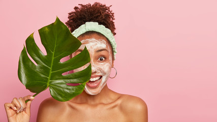 Studio shot of delighted woman with curly hair, applies cleansing foam on face, holds green plant leaf, peels complexion with foam, smiles broadly, poses over pink background, empty space for advert - obrazy, fototapety, plakaty