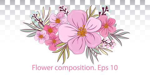 Cute pink flowers and fresh greens. For festive decor. Floral arrangement of flowers and with buds and leave. close-up. EPS 10 vector