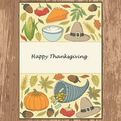 Vector hand drawn Thanksgiving illustration. White background with different objects symbolizing the holiday. Card template