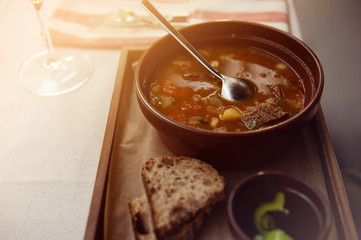 Traditional Hungarian hot goulash soup