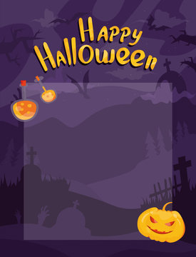 Modern vector illustration. Happy Halloween vector banner on mystery background with bats and tombs. For party posters, greeting cards.