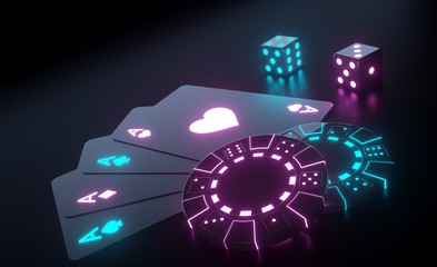 Four Aces, Casino Chips And Dices With Futuristic Glowing Purple And Blue Neon Lights Isolated On The Black Background - 3D Illustration - obrazy, fototapety, plakaty