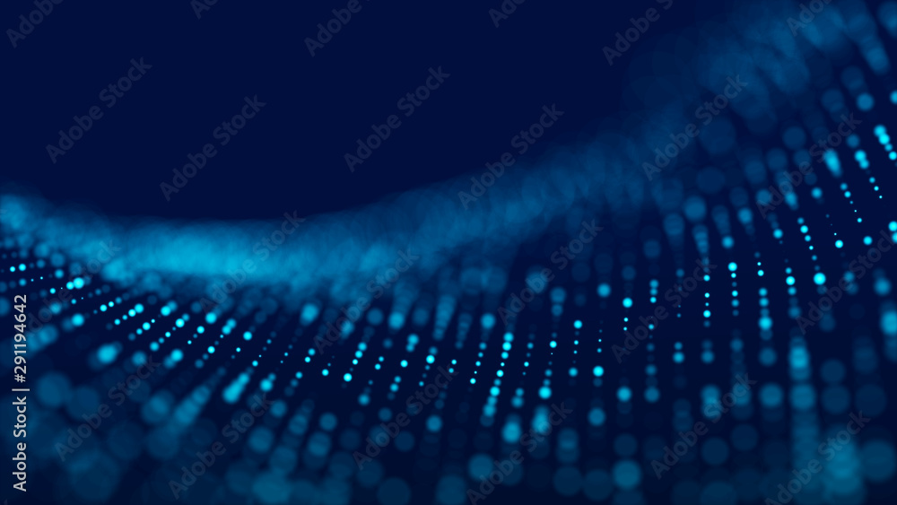 Poster Abstract background with the movement of luminous particles. Digital technology. 3D rendering.