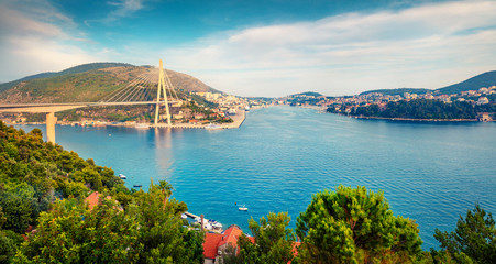Fototapeta premium Colorful evening panorama of Dubrovnik city. Splendid summer scene of Croatia, Europe. Beautiful world of Mediterranean countries. Traveling concept background.