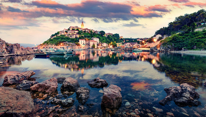 Amazing evening cityscape of Vrbnik town. Fantastic summer seascape of Adriatic sea, Krk island, Kvarner bay archipelago, Croatia, Europe. Beautiful world of Mediterranean countries.