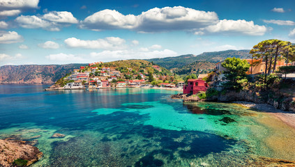 Spectacular morning cityscape of Asos village on the west coast of the island of Cephalonia, Greece, Europe. Splendid spring sescape of Ionian Sea. Traveling concept background. - obrazy, fototapety, plakaty
