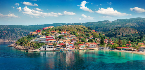 Fantastic morning cityscape of Asos village on the west coast of the island of Cephalonia, Greece,...