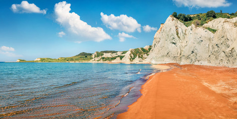 Colorful spring landscape of famous Xi Beach. Bright morning scene of Cephalonia island, Greece,...