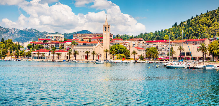 Sunny summer cityscape of Ploche city, Croatia, Europe. Bright morning seascape of Adriatic sea. Beautiful world of Mediterranean countries. Architecture traveling background.