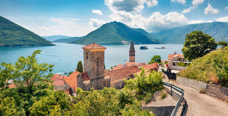 Exciting summer view of Perast town. Wonderful morning scene of Kotor Bay, Montenegro, Europe....