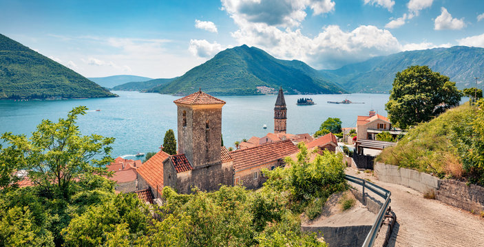 Exciting summer view of Perast town. Wonderful morning scene of Kotor Bay, Montenegro, Europe. Traveling concept background. Beautiful world of Mediterranean countries