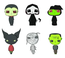 Fotobehang Cute halloween cartoon characters vector illustration set, isolated clip-art. © Maya Pantic