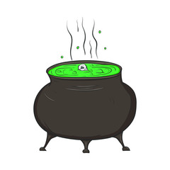 Cartoon hand drawn halloween witch pot witch potion, , isolated vector illustration.