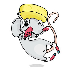 Cartoon rat catches a puck of delicious cheese. Game concept. Vector illustration