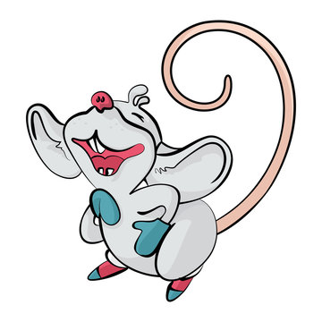 cartoon rat in winter mittens laughing. Vector illustration