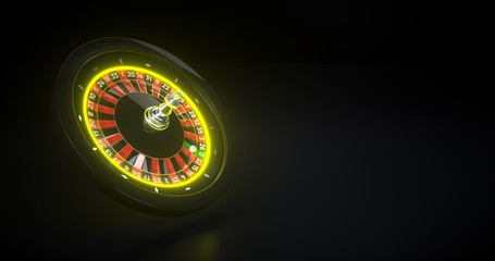 Futuristic Roulette Wheel With Yellow Neon Lights Isolated On The Black Background - 3D Illustration