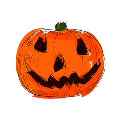Hand drawn pumpkin sketch on white background. The main symbol of the Happy Halloween holiday. Orange pumpkin with smile for your design for the holiday Halloween. 