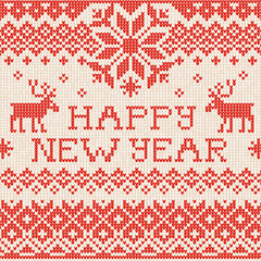 Fototapeta na wymiar Happy New Year: Scandinavian or russian style knitted embroidery pattern with borders