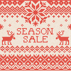 Fototapeta na wymiar Season sale: Scandinavian style seamless knitted pattern with deers. Red and white colours. Flat style