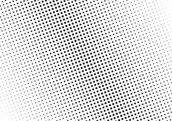 Abstract halftone dotted background. Monochrome futuristic grunge pattern, stars.  Vector modern optical pop art texture for posters, site, postcard, cover, labels, vintage sticker, mock-up layout.