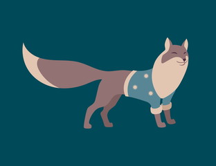 Fox dressed in warm knitted sweater. Scandinavian style vector wild forest animal. Cartoon retro character. Cute hugge autumn or winter illustration