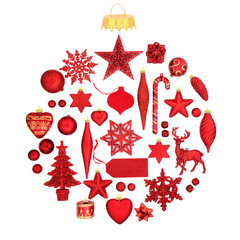 Christmas tree decorations forming an abstract bauble on white background. Traditional symbol for the festive season.
