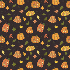 Seamless pattern made of Halloween theme illustrations. Сute cartoon pumpkins and autumn leaves. Endless texture for design. Vector illustration. For kids products.