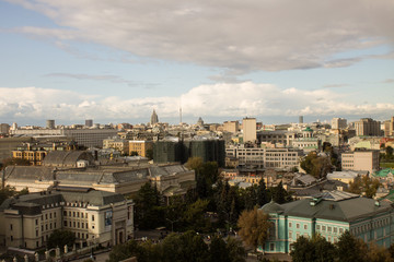 top view on the historical center of the city and cloudy sky from the panoramic platform of the temple of Christ the Savior in Moscow Russia