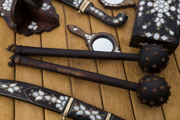 the wooden products with pearl in the store from Turkey.