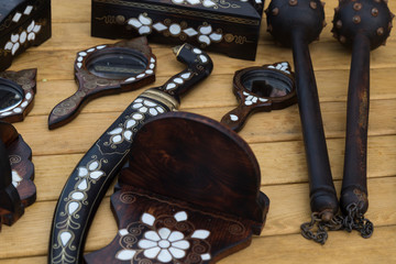 the wooden products with pearl in the store from Turkey.