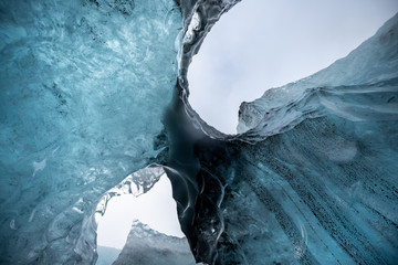 Inside an ice glacier cave in Iceland