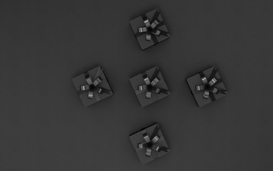 Gift boxes wrapped in black paper with black ribbon. Top view. 3D illustraiton