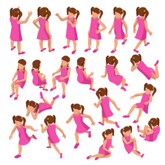 Isometric set of girls in different poses stands, runs, sits, lies and others on white background. Constructor set or creation kit