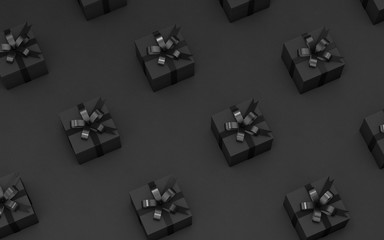 Naklejka premium Gift boxes wrapped in black paper with black ribbon. Top view. 3D illustraiton