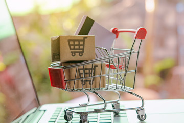 Shopping online concept - Parcel or Paper cartons with a shopping cart logo and credit card in a...
